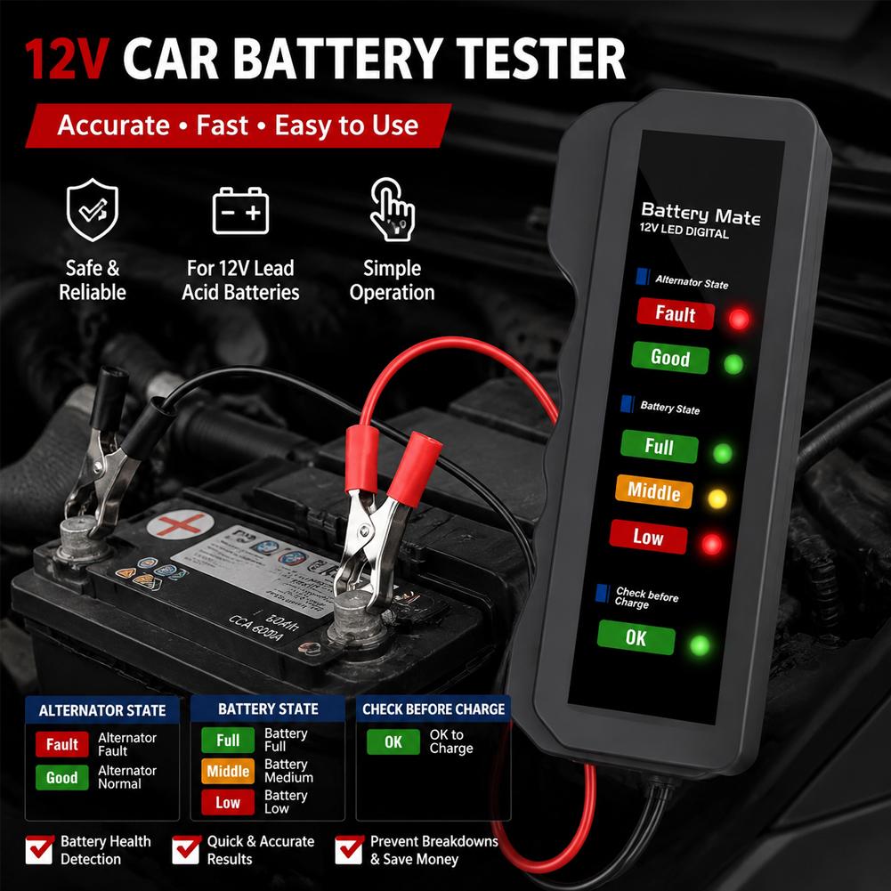 Alternator Tester Digital Diagnostic Tool - Testeur de batterie de voiture 12V,