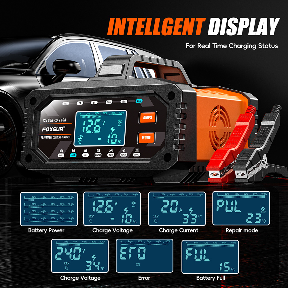 Chargeur de batterie portable  - Smart Car Battery Charger 12V 24V 20A avis et prix